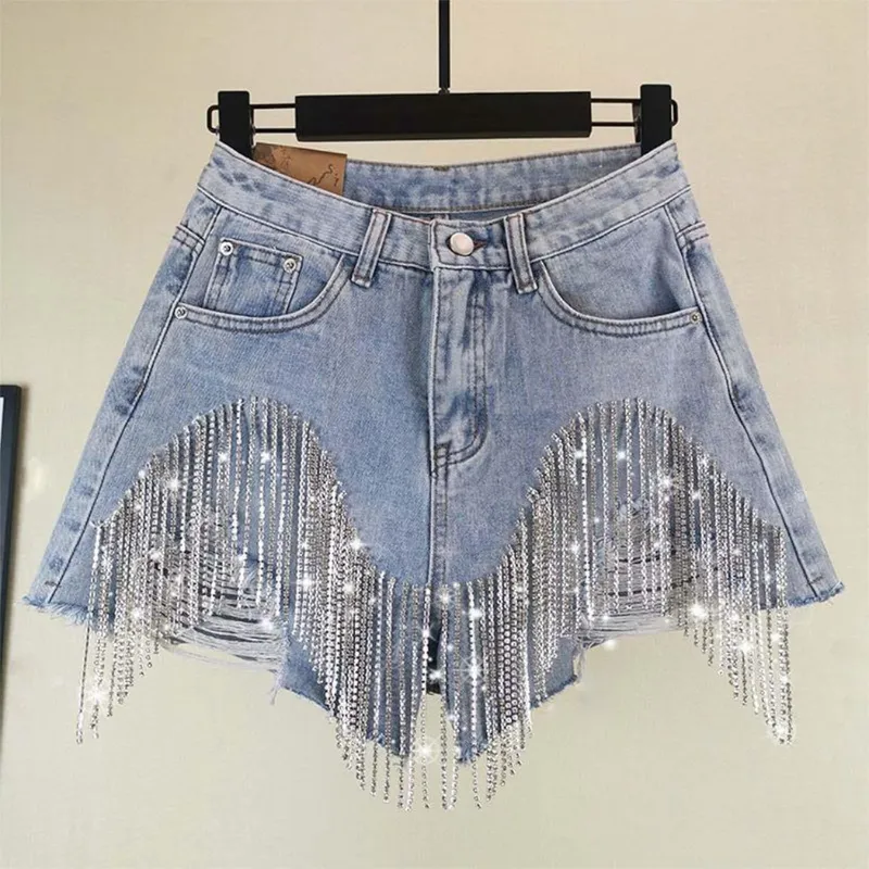 Rhinestone Fringe Denim Shorts – Pearl Beaded Design