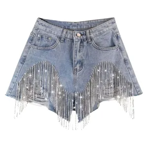 Rhinestone Fringe Denim Shorts – Pearl Beaded Design