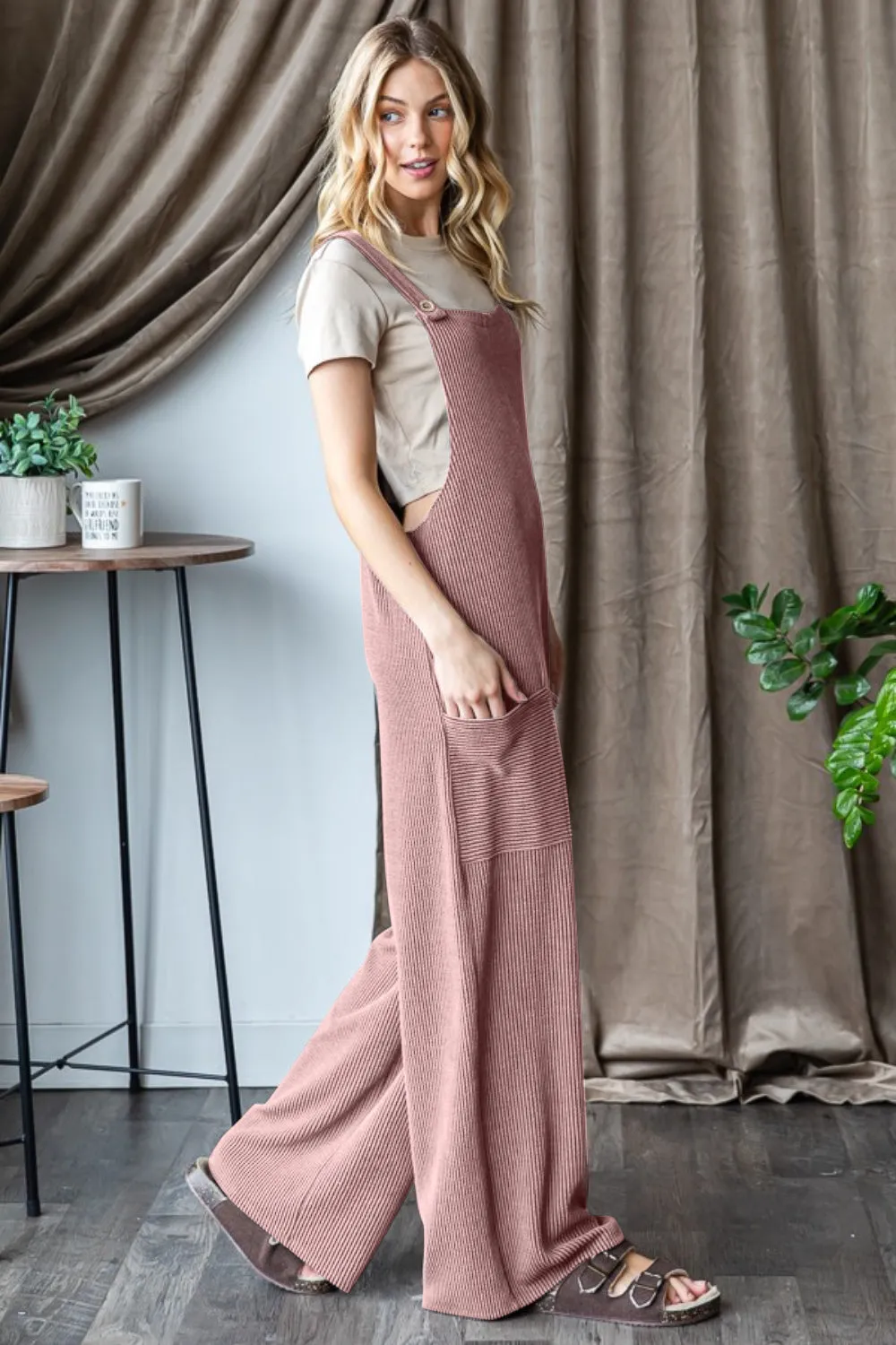 Ribbed Front Pocket Sleeveless Jumpsuit - Pink