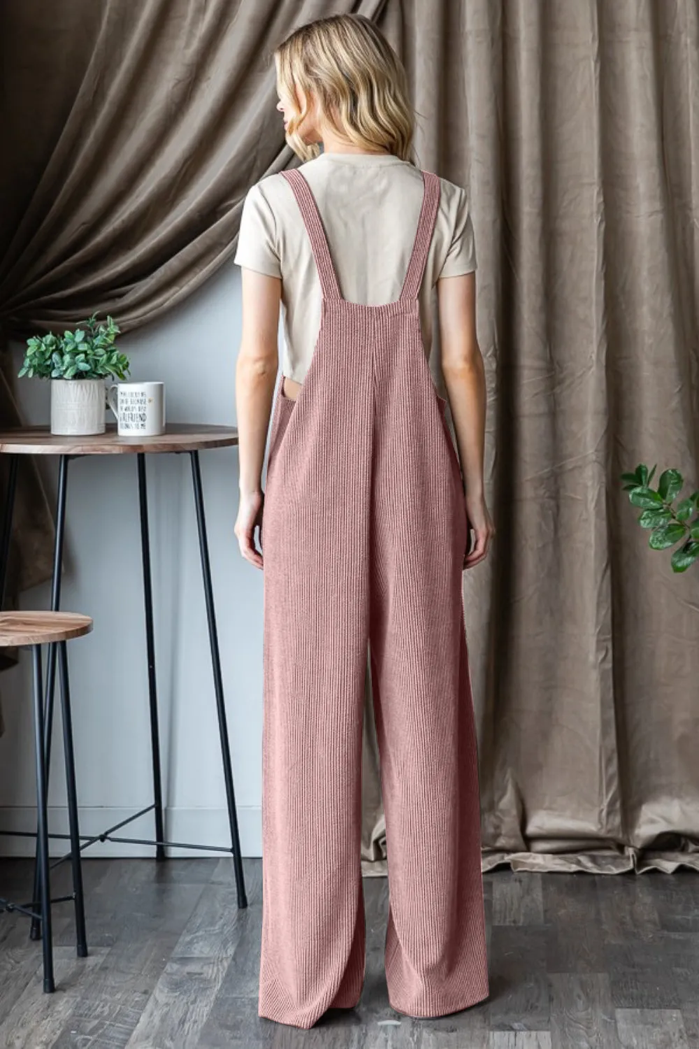 Ribbed Front Pocket Sleeveless Jumpsuit - Pink