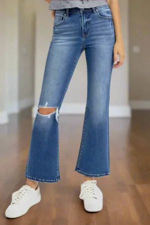 Risen Distressed High Rise Crop Flare Jeans
