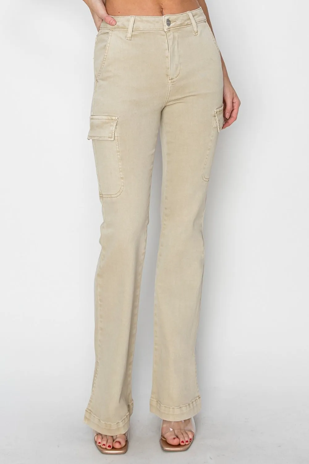 RISEN High Rise Side Slit Cargo Bootcut Jeans Stone