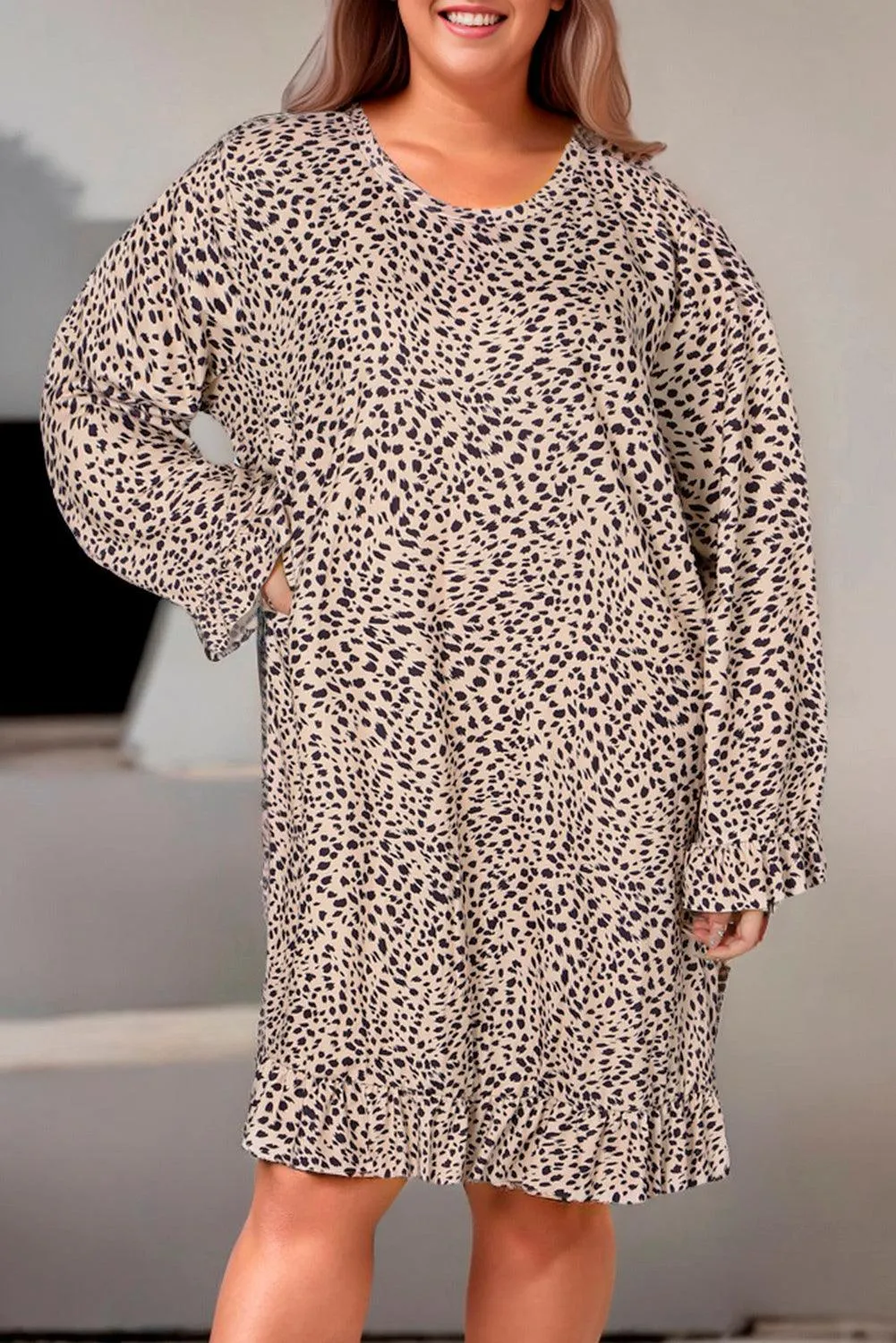 Ruffled Long Sleeve Plus Size Leopard Print Dress