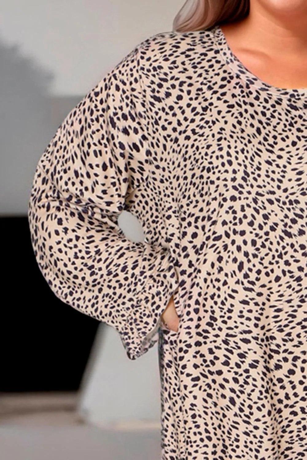 Ruffled Long Sleeve Plus Size Leopard Print Dress