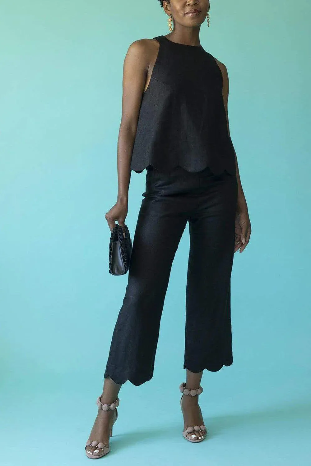 Scallop Black Linen Pant
