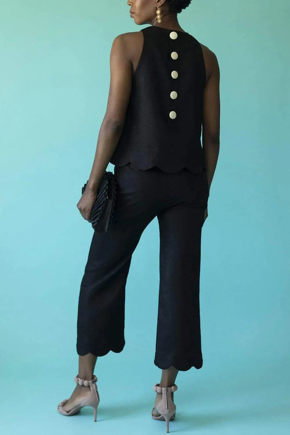 Scallop Black Linen Pant