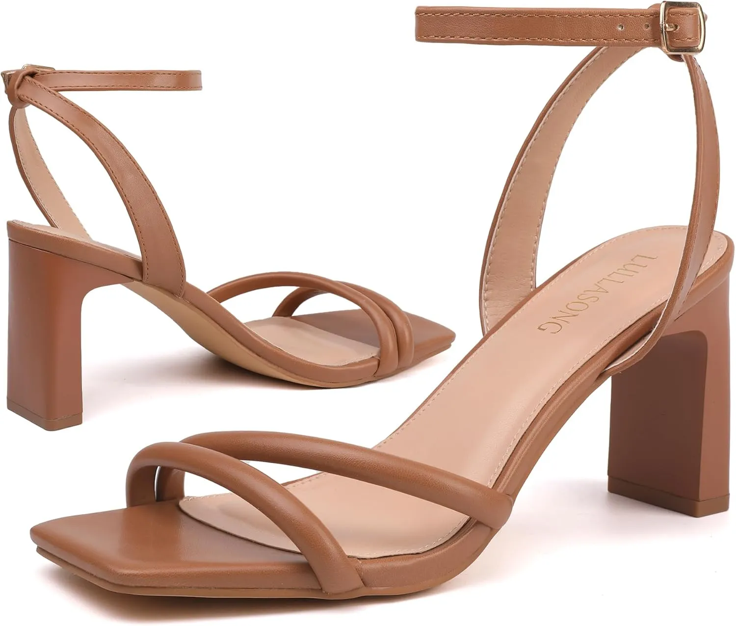Size 6 Women's Tan Strappy Heeled Sandals: Elegant Square Toe & Chunky Heels