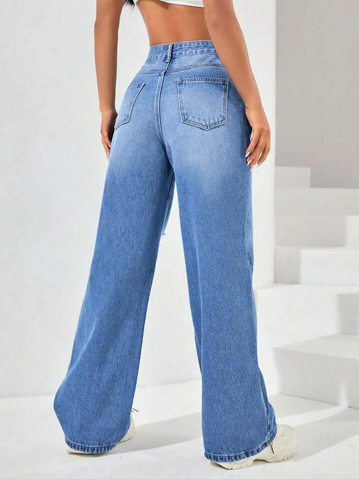 Stone Blue Whisker Knee Ripped High Waist Wide Leg Jeans