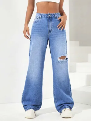 Stone Blue Whisker Knee Ripped High Waist Wide Leg Jeans