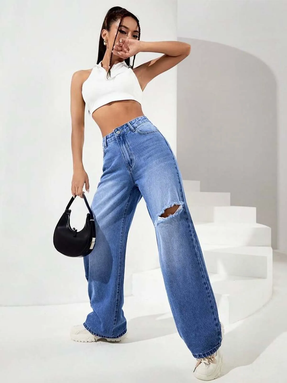 Stone Blue Whisker Knee Ripped High Waist Wide Leg Jeans