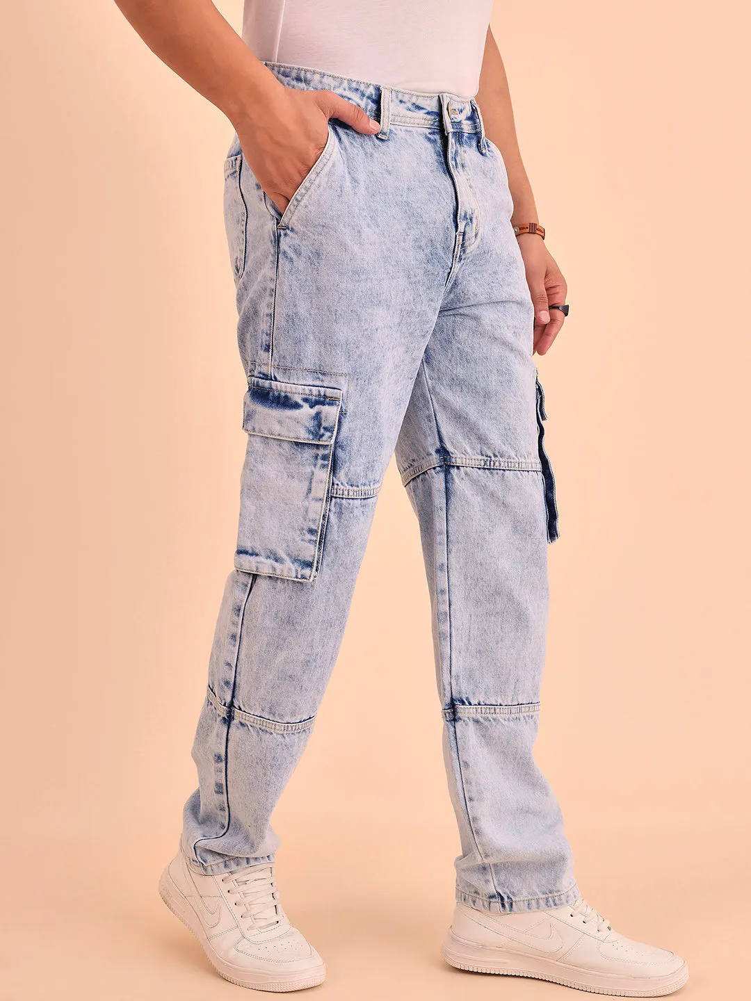 Style Quotient Men Light Blue Relaxed Fit Mid Rise Cargos