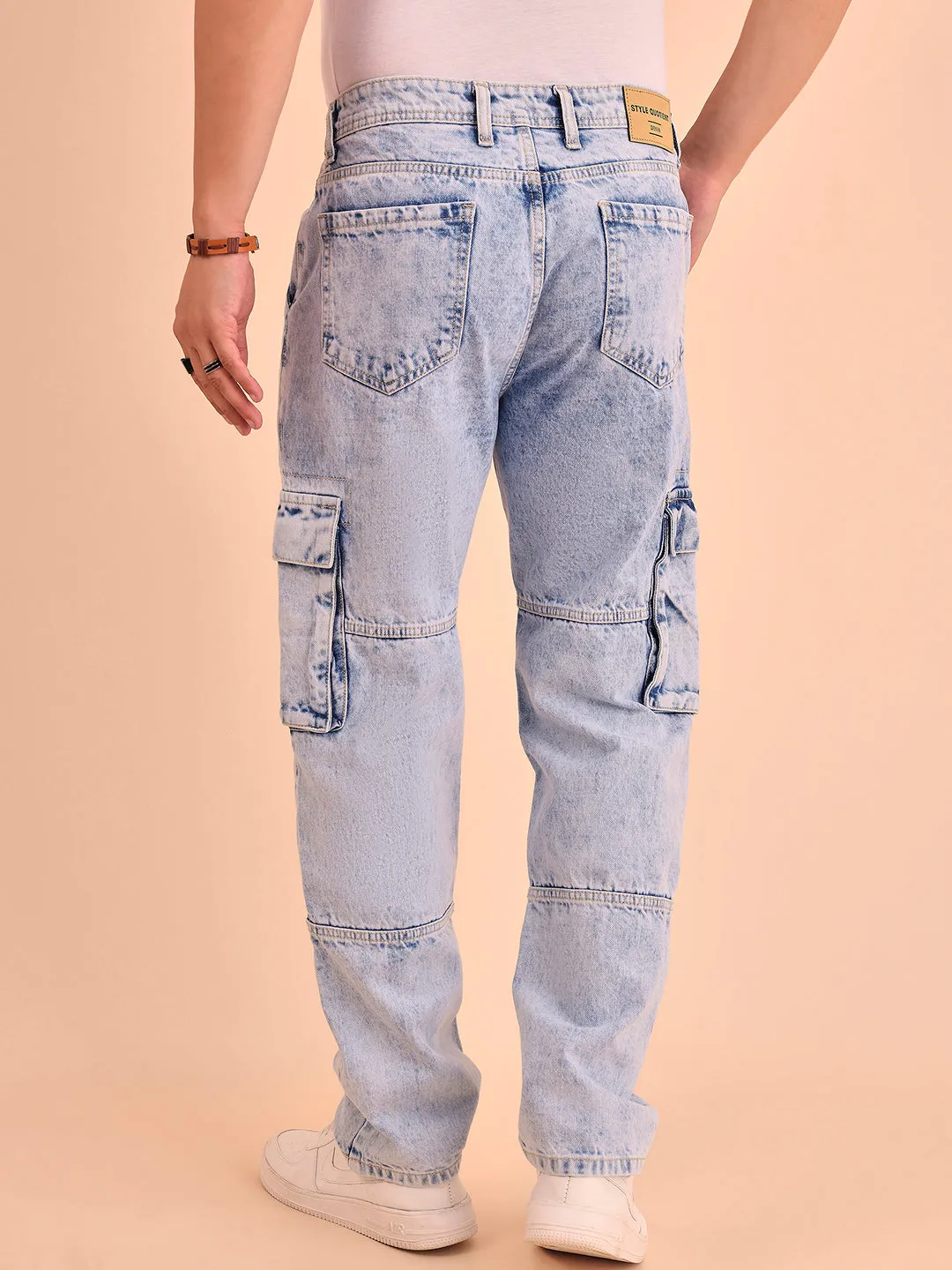 Style Quotient Men Light Blue Relaxed Fit Mid Rise Cargos