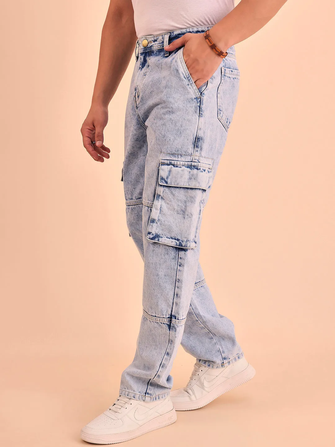 Style Quotient Men Light Blue Relaxed Fit Mid Rise Cargos