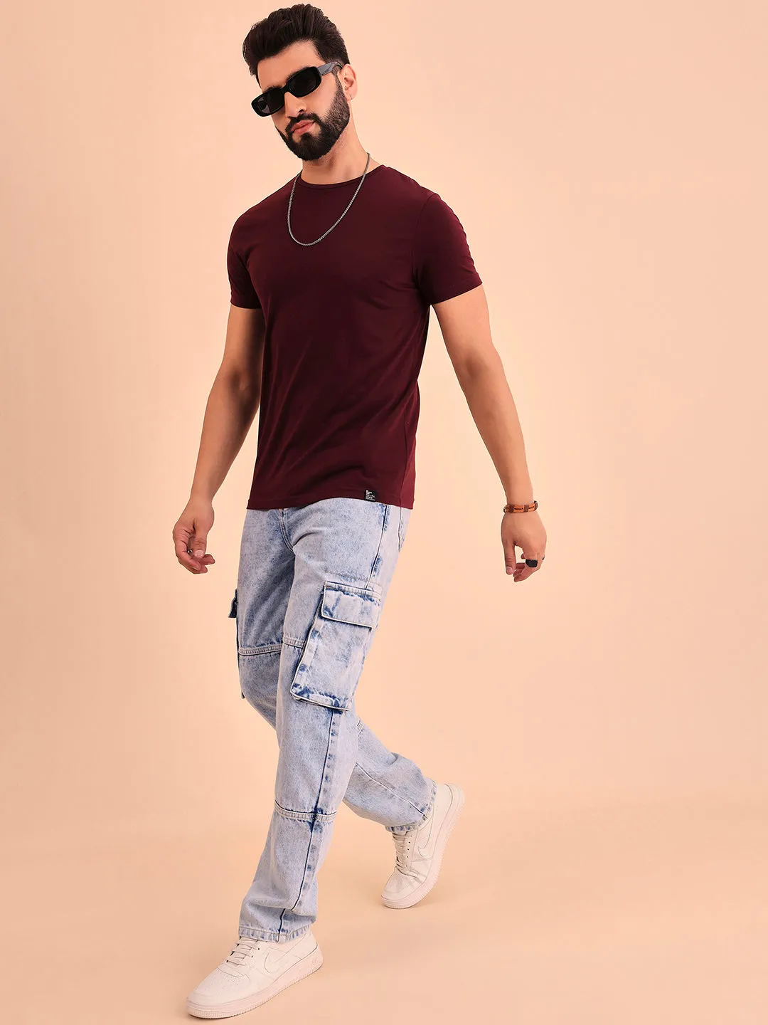 Style Quotient Men Light Blue Relaxed Fit Mid Rise Cargos