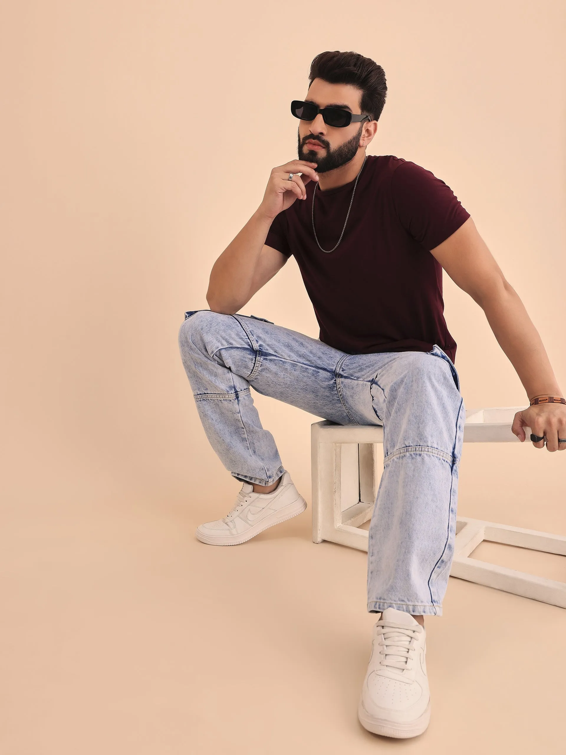 Style Quotient Men Light Blue Relaxed Fit Mid Rise Cargos