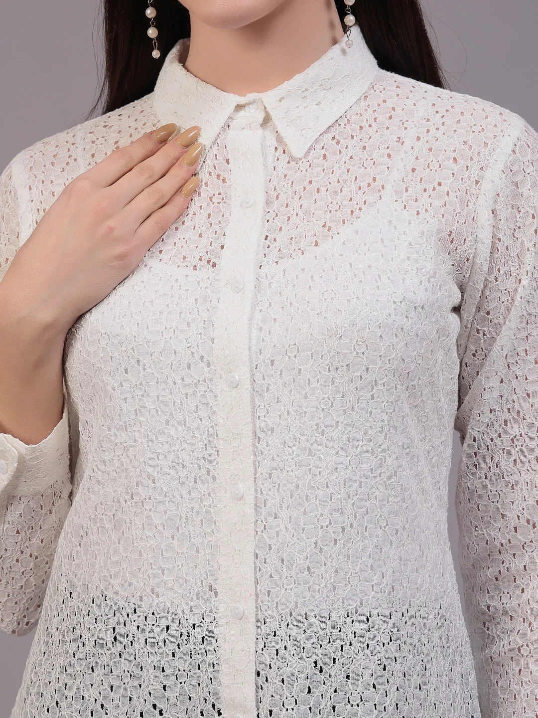 Style Quotient Women Self White Lace Regular Shirt