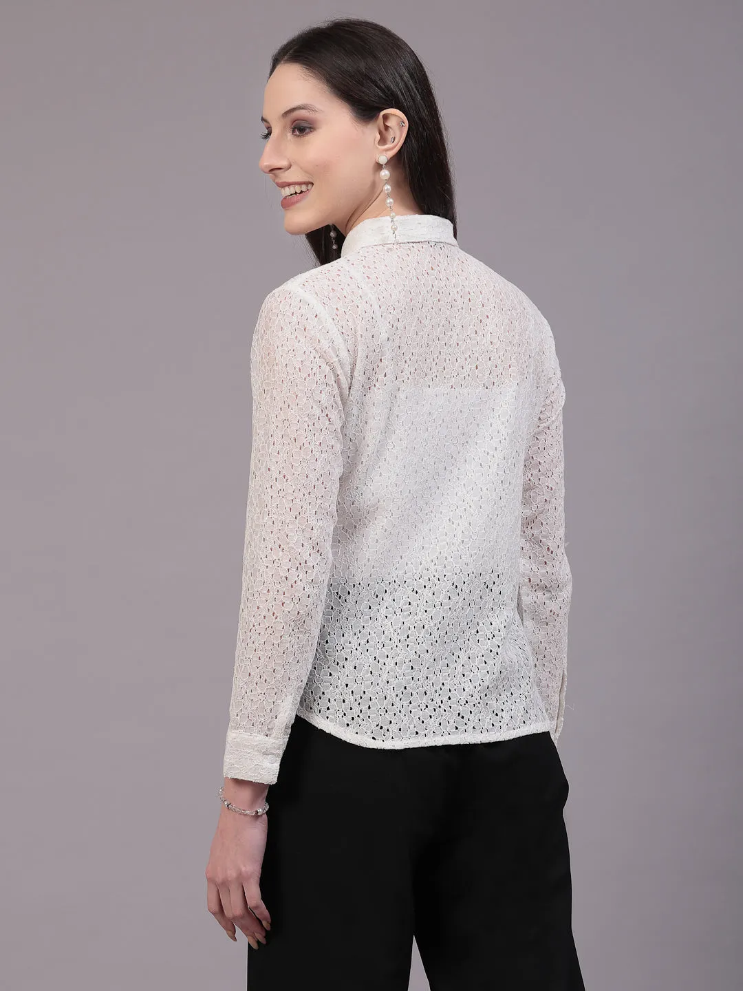 Style Quotient Women Self White Lace Regular Shirt