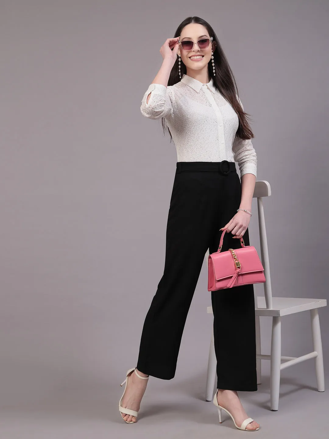 Style Quotient Women Self White Lace Regular Shirt
