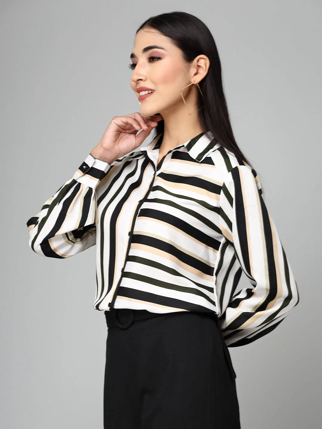 Style Quotients Women Black White Stripe Printed Polyester Boxy Casual Shirt