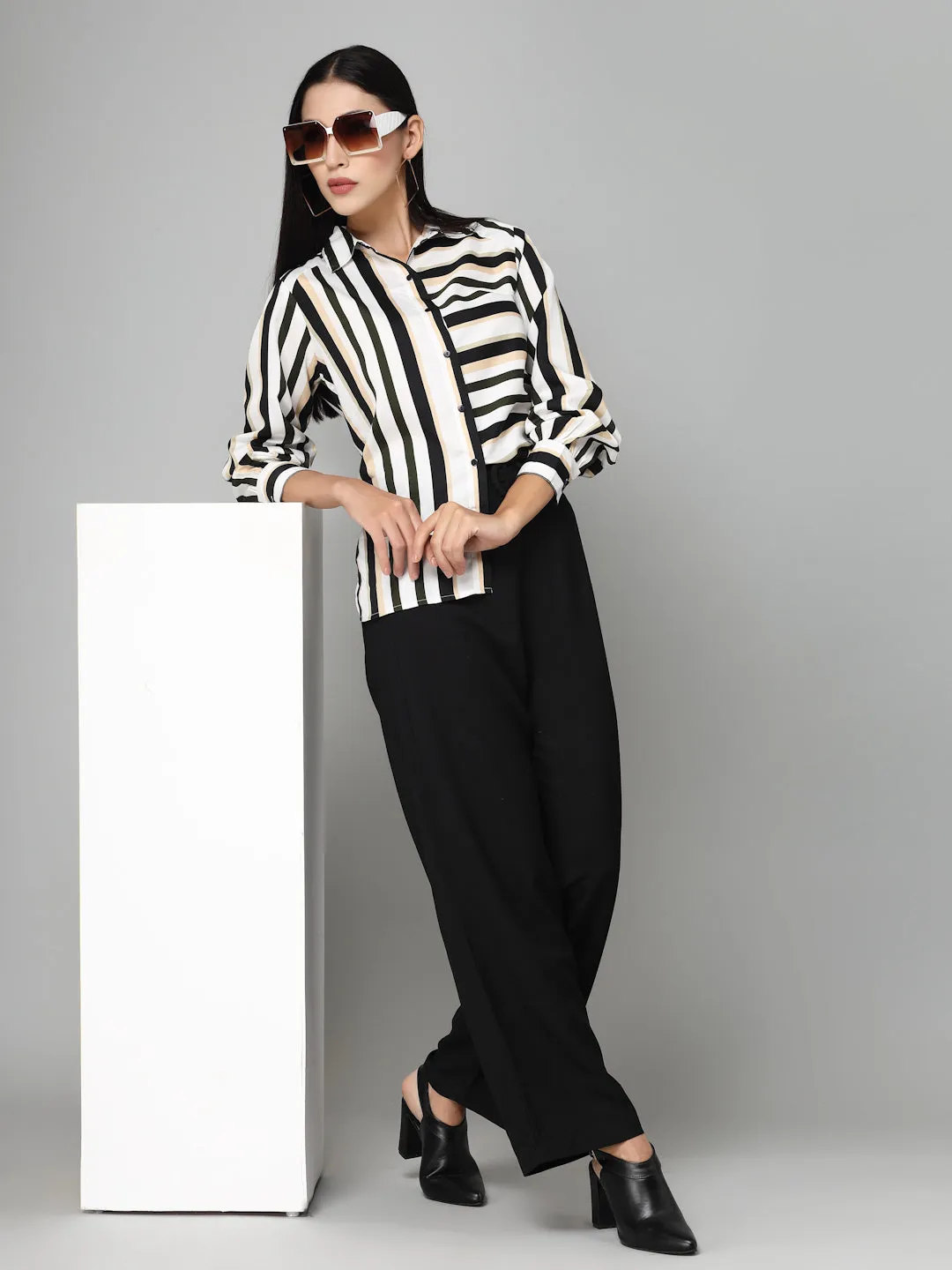 Style Quotients Women Black White Stripe Printed Polyester Boxy Casual Shirt