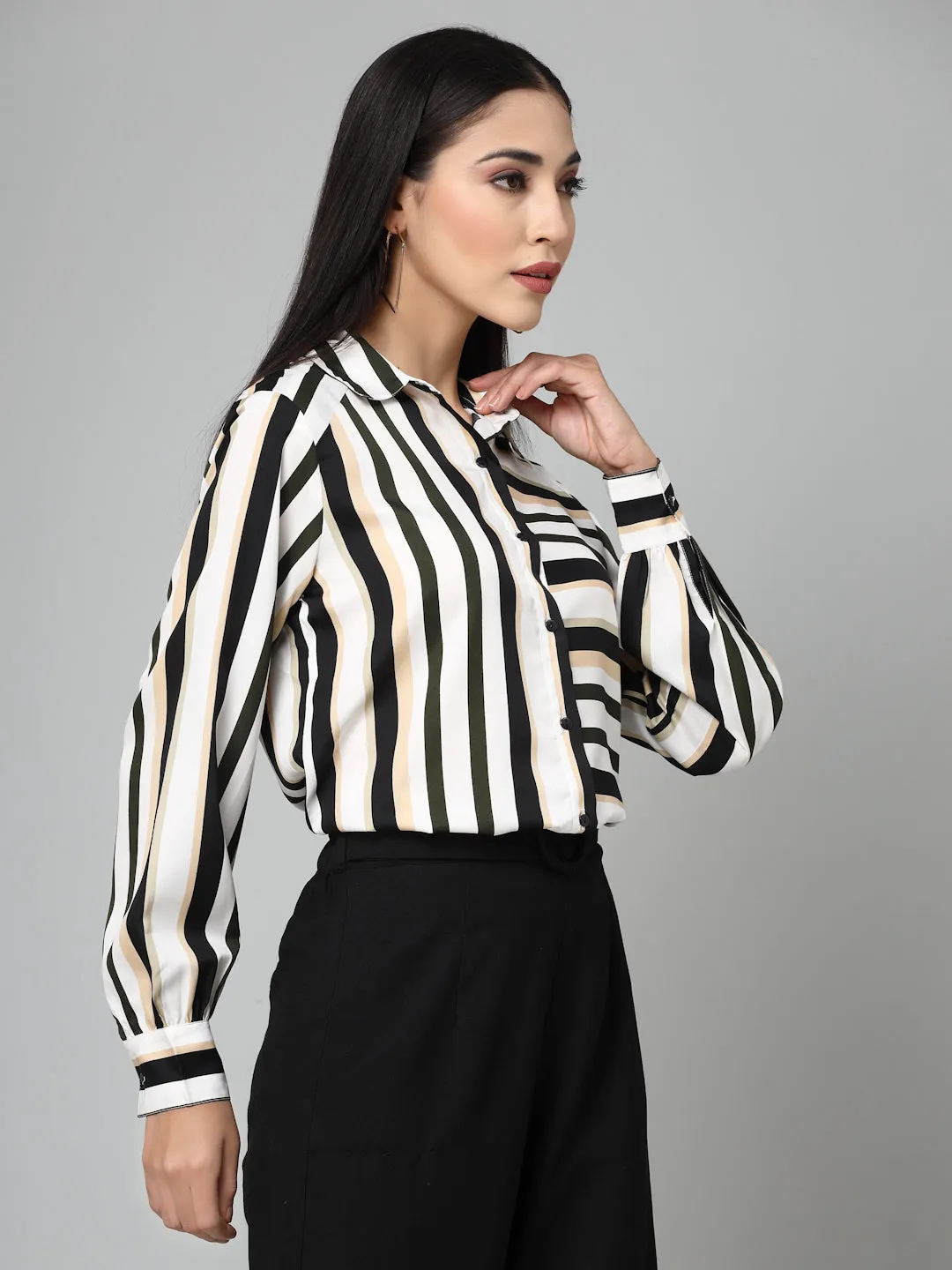 Style Quotients Women Black White Stripe Printed Polyester Boxy Casual Shirt