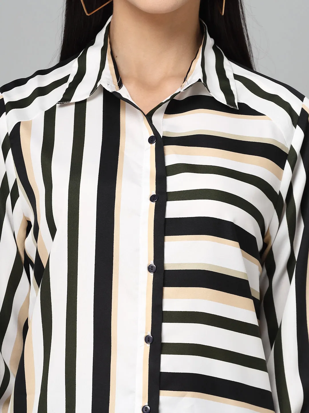 Style Quotients Women Black White Stripe Printed Polyester Boxy Casual Shirt