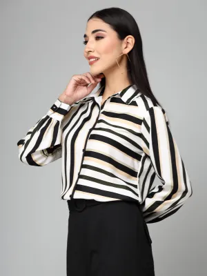 Style Quotients Women Black White Stripe Printed Polyester Boxy Casual Shirt