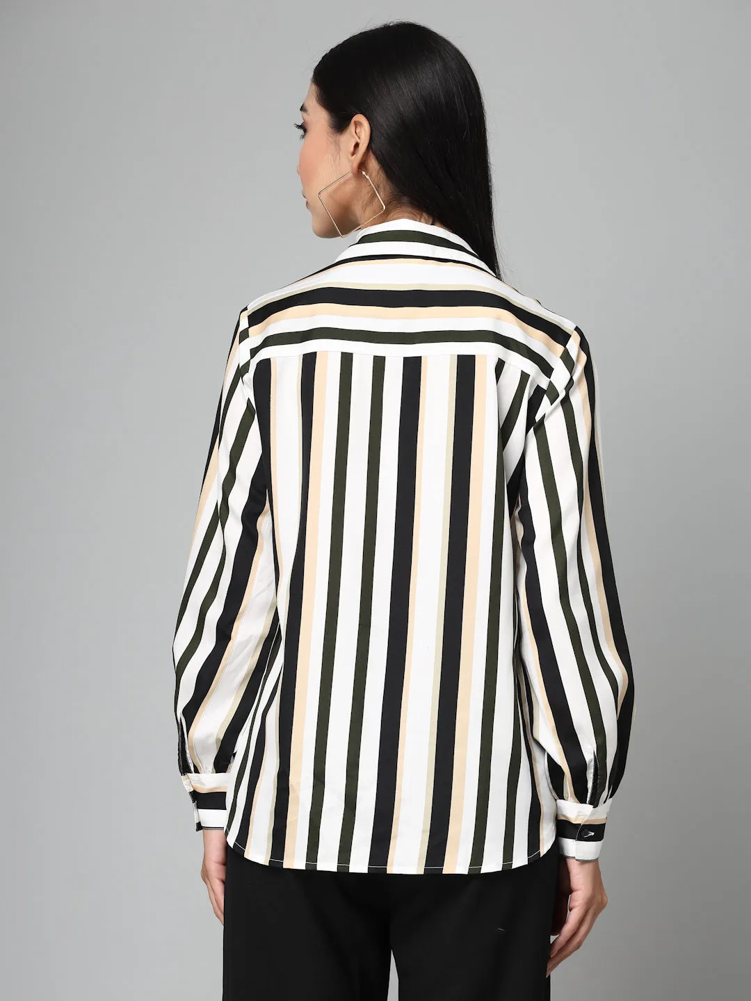 Style Quotients Women Black White Stripe Printed Polyester Boxy Casual Shirt