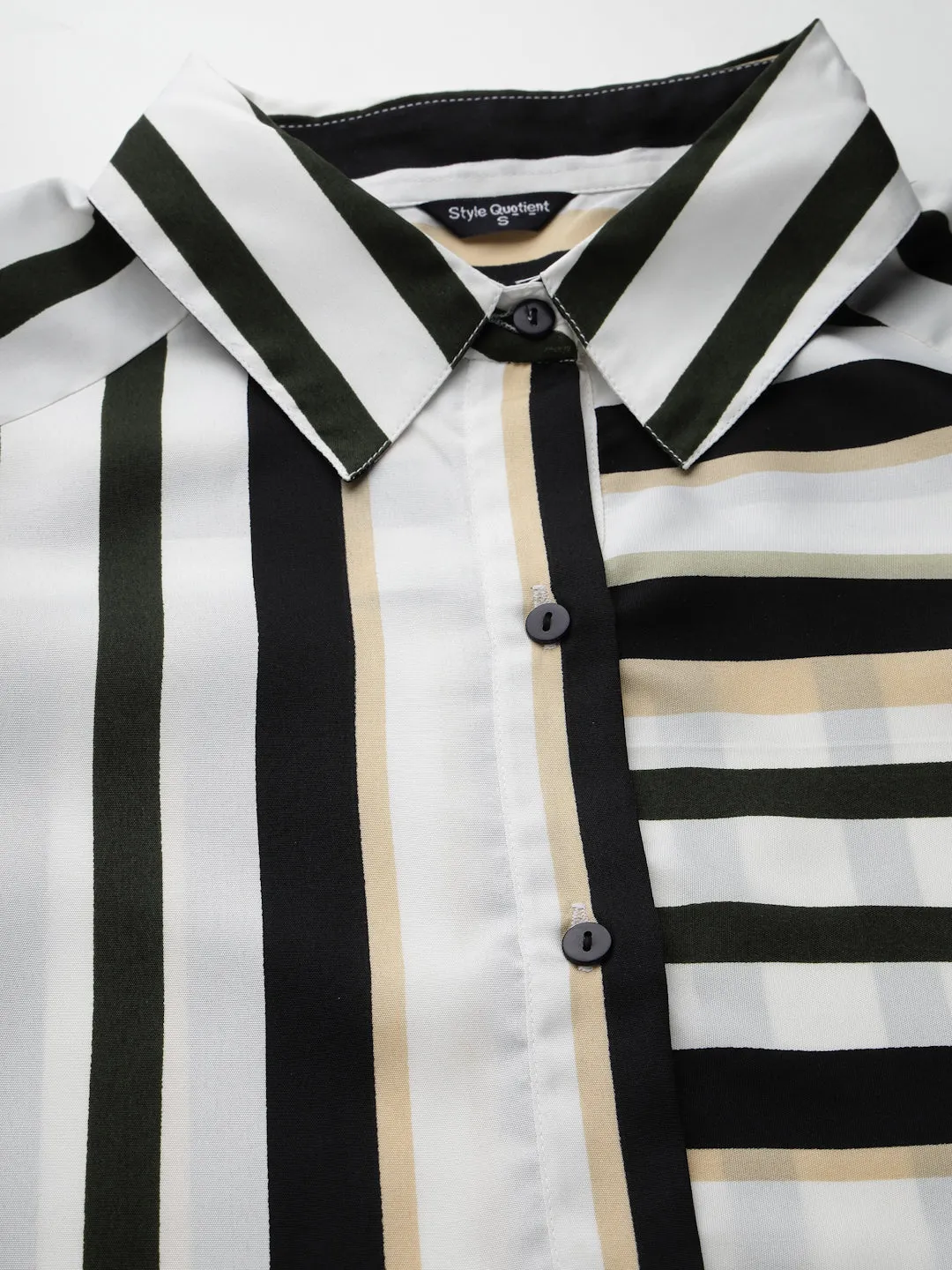 Style Quotients Women Black White Stripe Printed Polyester Boxy Casual Shirt