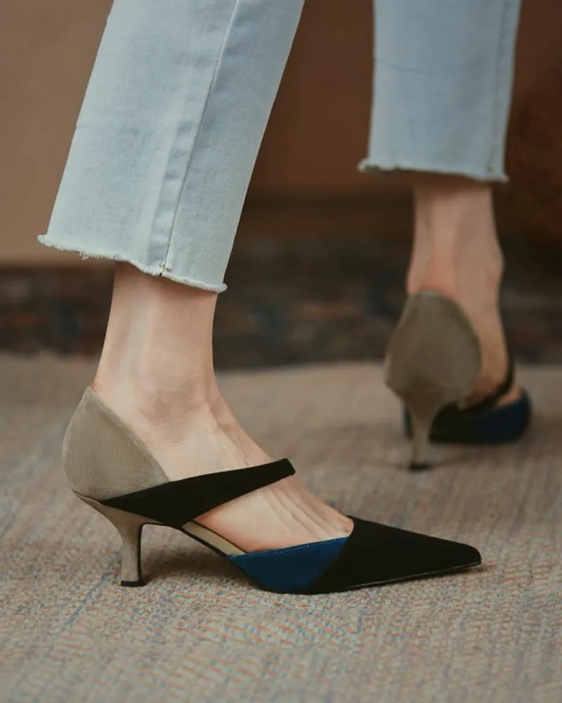 Suede Colorblock Pointed Toe Heels