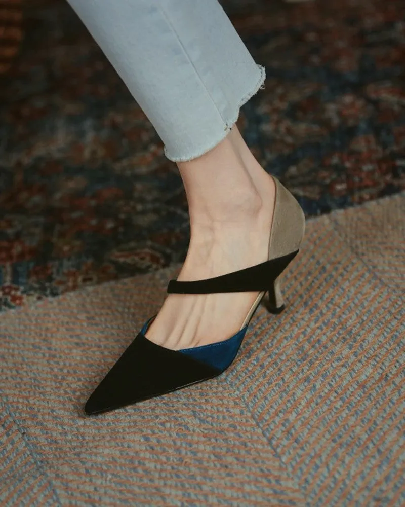 Suede Colorblock Pointed Toe Heels