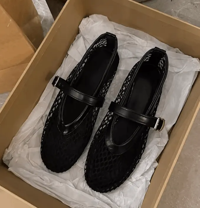 Summer Women’s Flats – Round Toe Cut-out Mary Jane Shoes with Straight Buckles, Fishnet Design