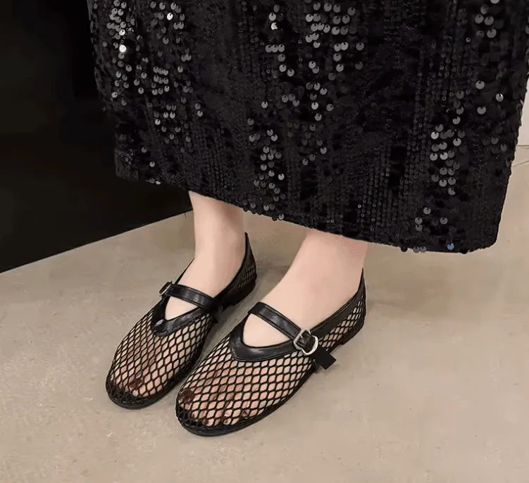 Summer Women’s Flats – Round Toe Cut-out Mary Jane Shoes with Straight Buckles, Fishnet Design