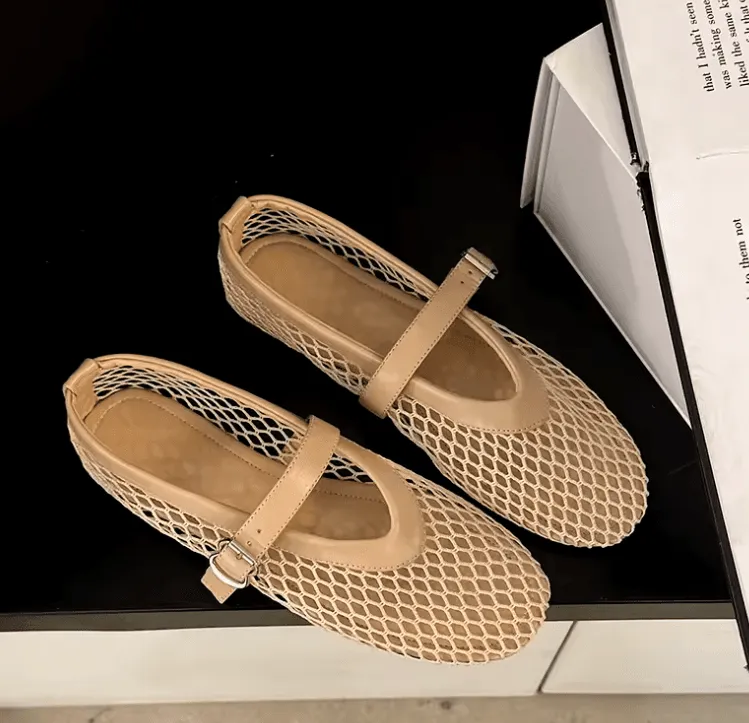 Summer Women’s Flats – Round Toe Cut-out Mary Jane Shoes with Straight Buckles, Fishnet Design