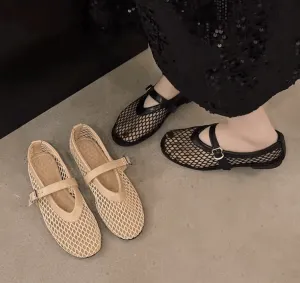 Summer Women’s Flats – Round Toe Cut-out Mary Jane Shoes with Straight Buckles, Fishnet Design
