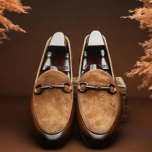 Tan Suede Detail Buckle Belgian Loafers