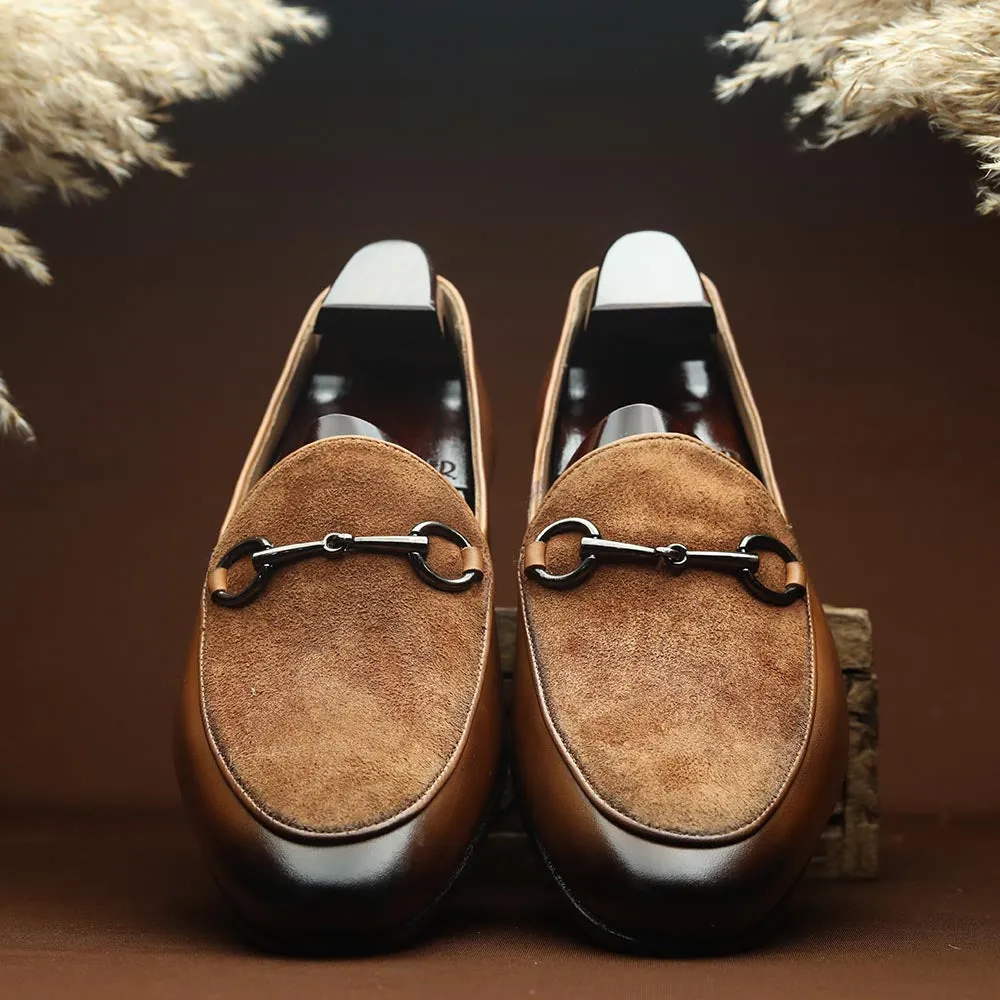 Tan Suede Detail Buckle Belgian Loafers