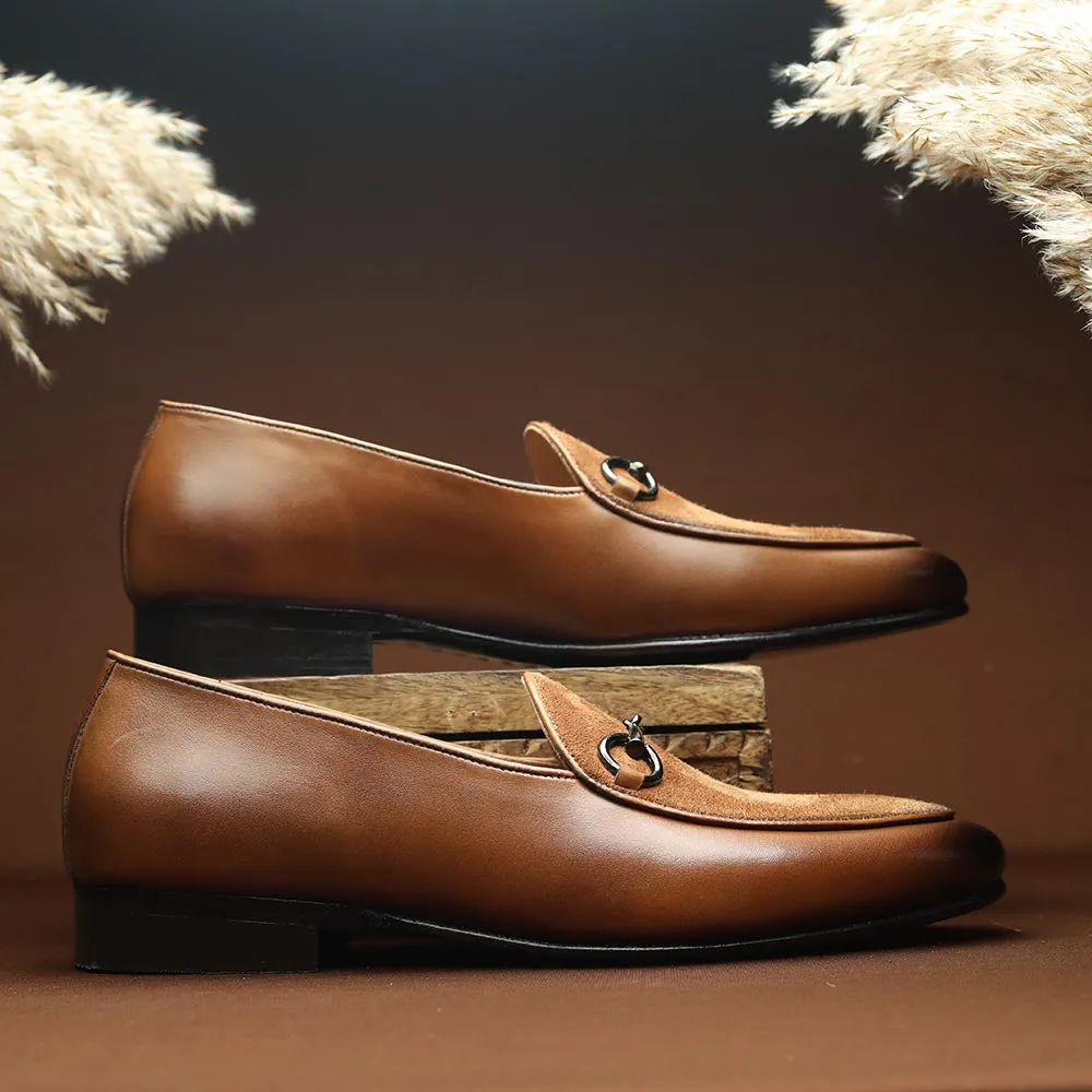 Tan Suede Detail Buckle Belgian Loafers