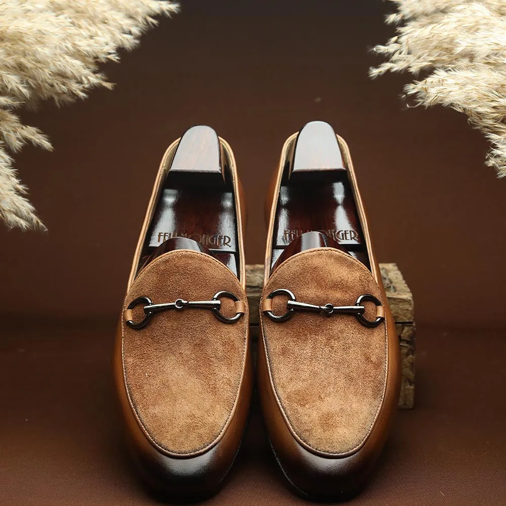 Tan Suede Detail Buckle Belgian Loafers