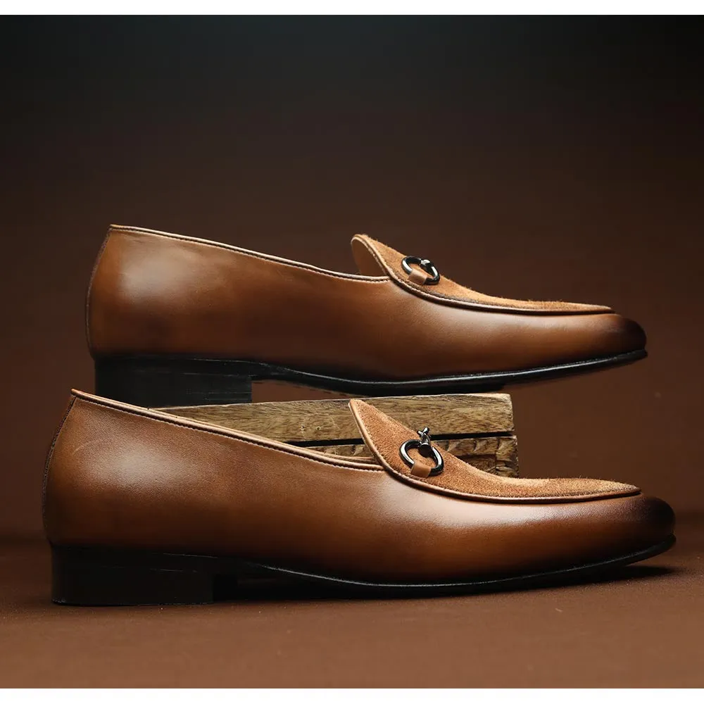 Tan Suede Detail Buckle Belgian Loafers