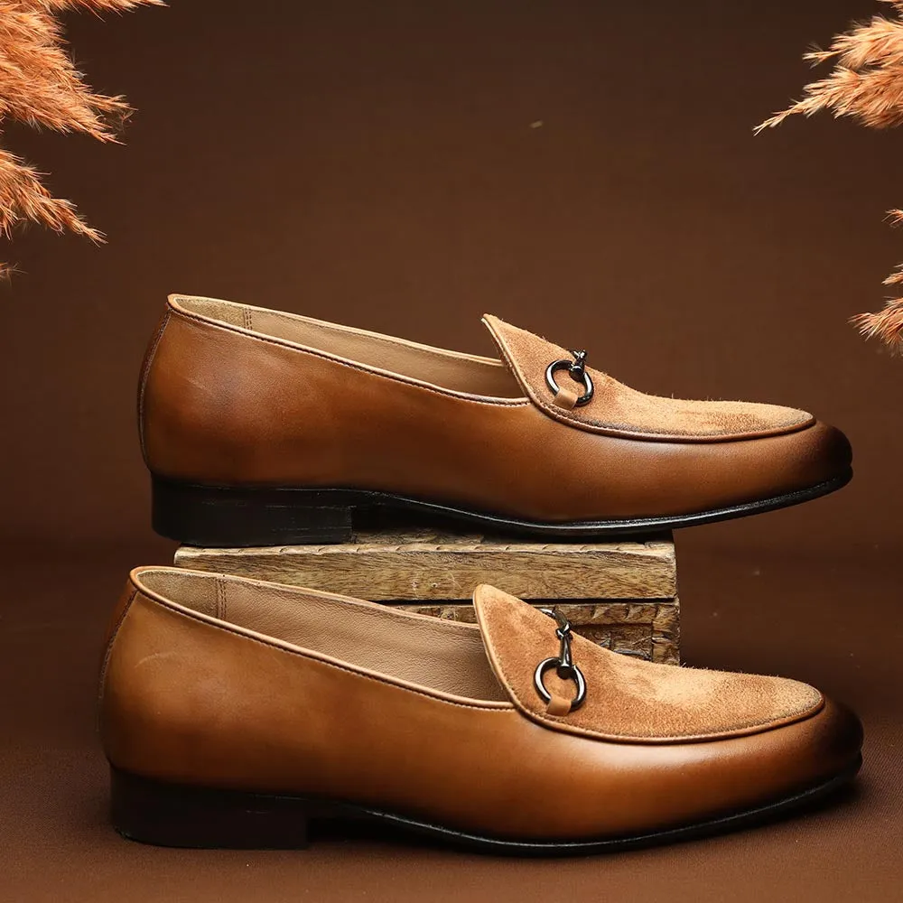 Tan Suede Detail Buckle Belgian Loafers