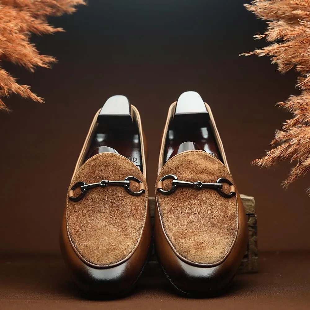 Tan Suede Detail Buckle Belgian Loafers