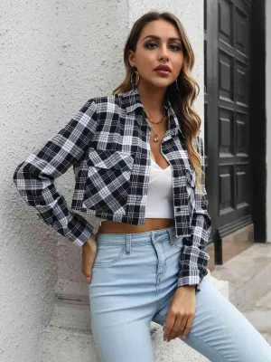 Teenage Trend Buttoned Cropped Plaid Jacket