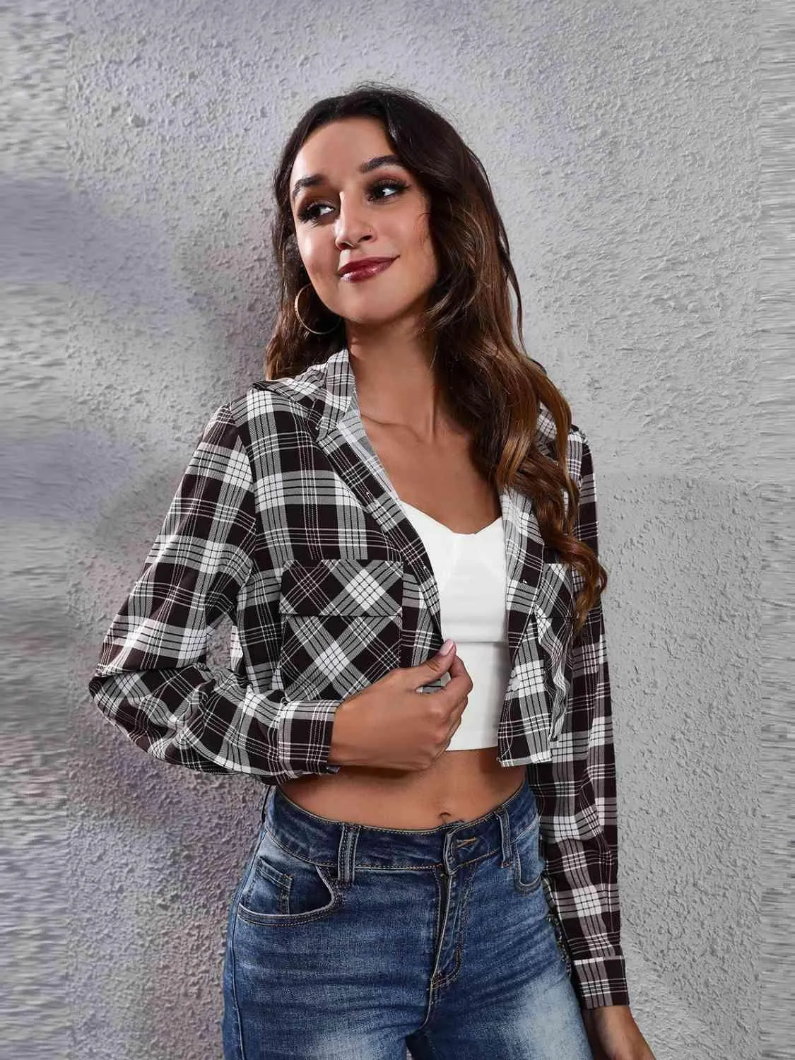 Teenage Trend Buttoned Cropped Plaid Jacket