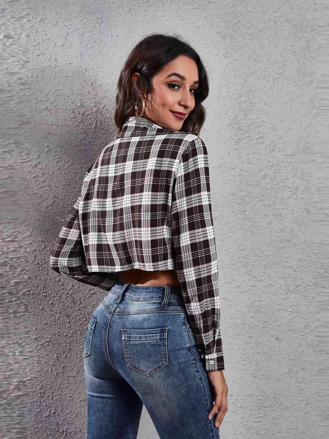 Teenage Trend Buttoned Cropped Plaid Jacket