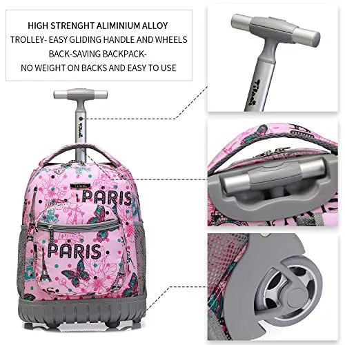 Tilami Rolling Backpack 16 Inch School College Travel Carry-on Backpack Boys Girls, Pink Butterfly Paris