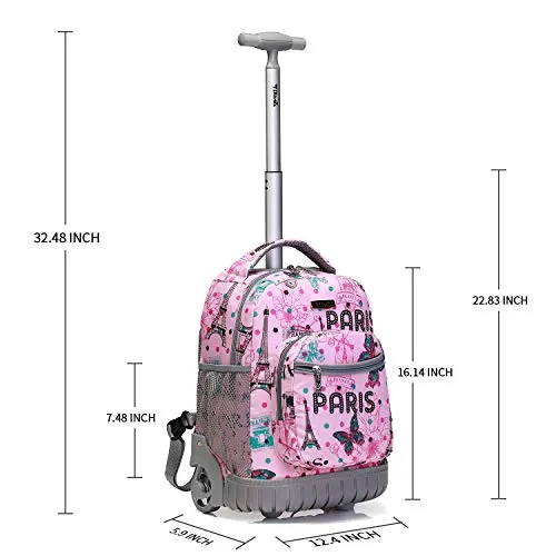 Tilami Rolling Backpack 16 Inch School College Travel Carry-on Backpack Boys Girls, Pink Butterfly Paris