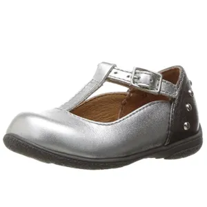 Umi Silver Patent Leather T-Strap Studded Mary Jane Flats