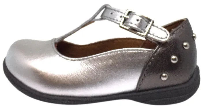 Umi Silver Patent Leather T-Strap Studded Mary Jane Flats