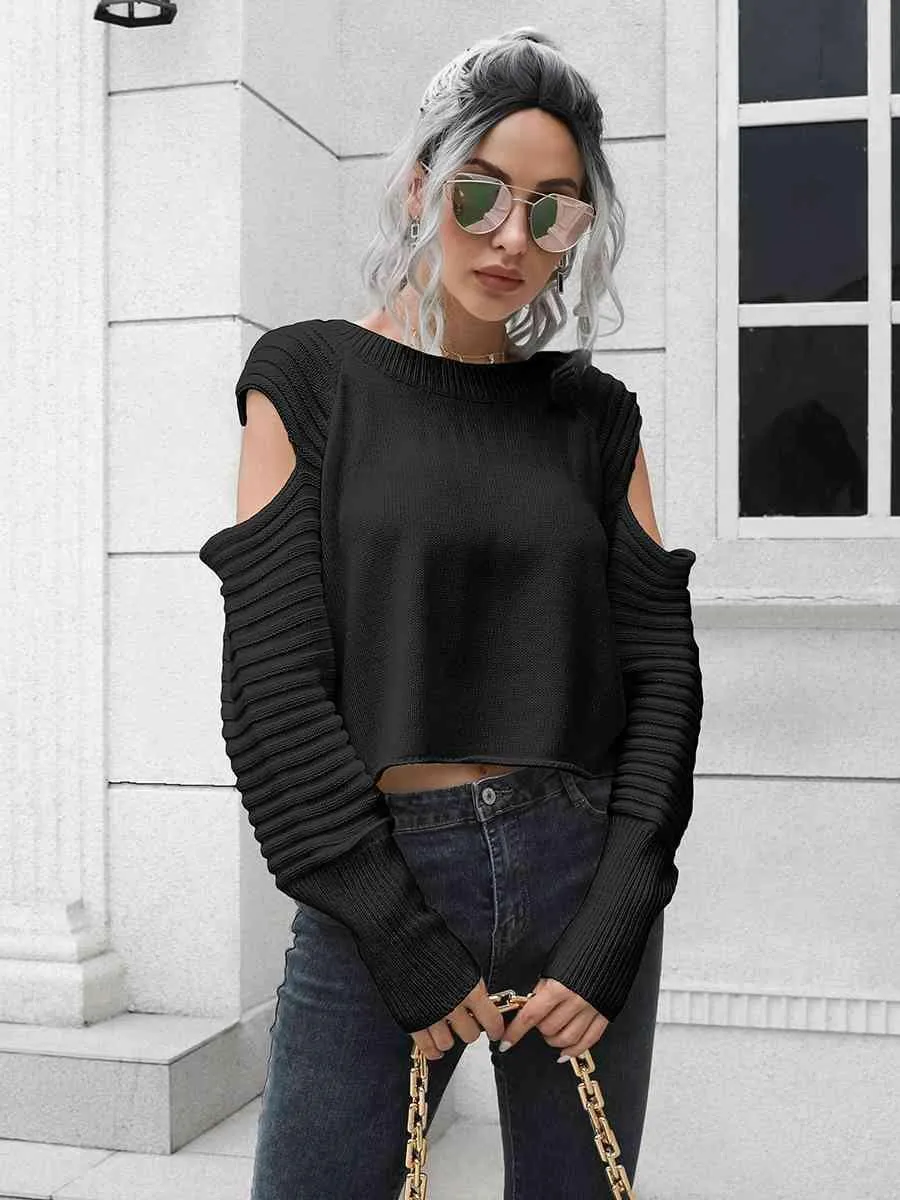 Undistracted Ribbed Trim Cold Shoulder Sweater